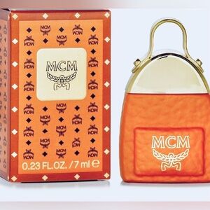 MCM Authentic Mini Bag Charm- Gold tone Top & MCM Logo, Cognac Faux Leather. NWT